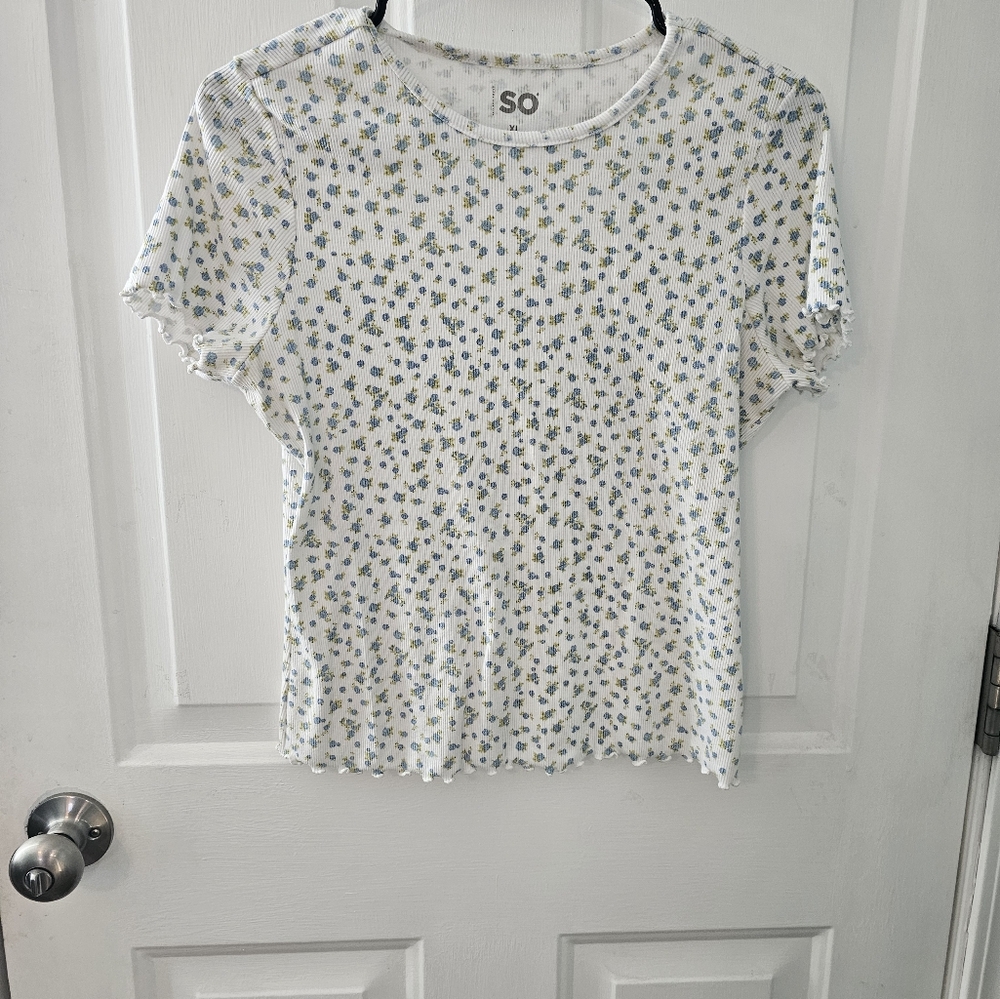 SO Floral Print T-Shirt - White and Blue